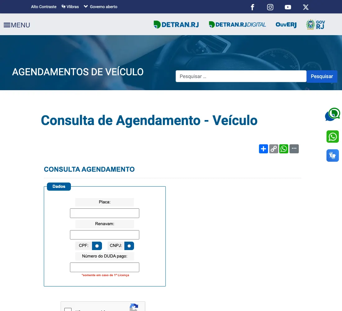 Tela oficial de consulta de agendamento de veículos do Detran RJ