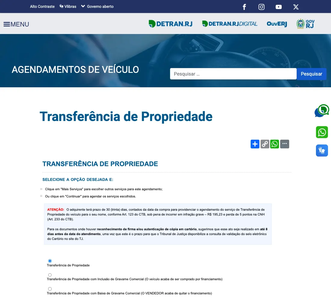 Página oficial de agendamento da transferência de propriedade no Detran RJ