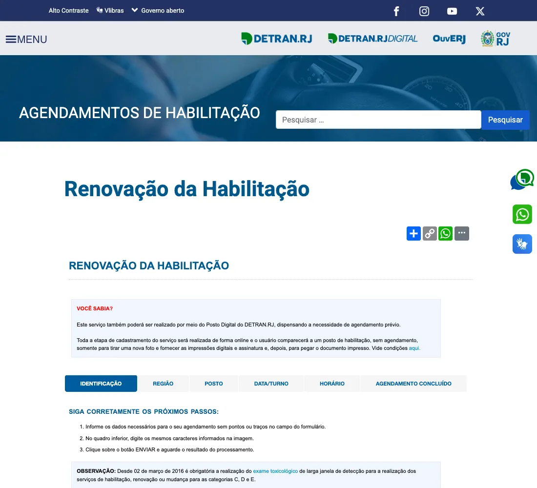 Página oficial de agendamento da renovação da habilitação no Detran RJ
