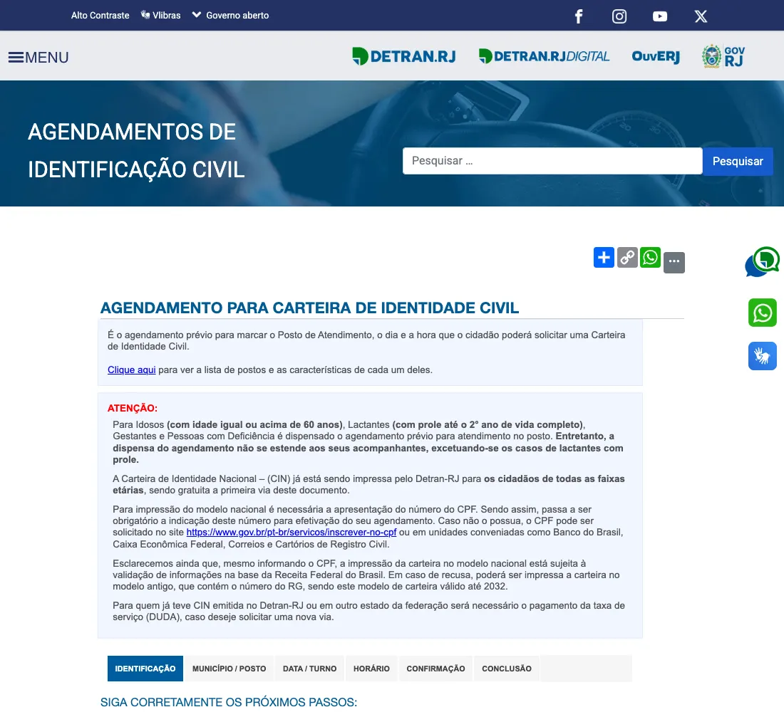 Página oficial de agendamento da carteira de identidade no Detran RJ
