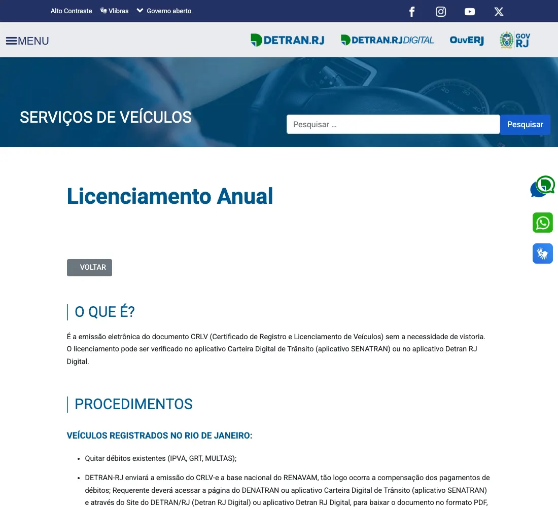 Página oficial do licenciamento anual no site do Detran RJ