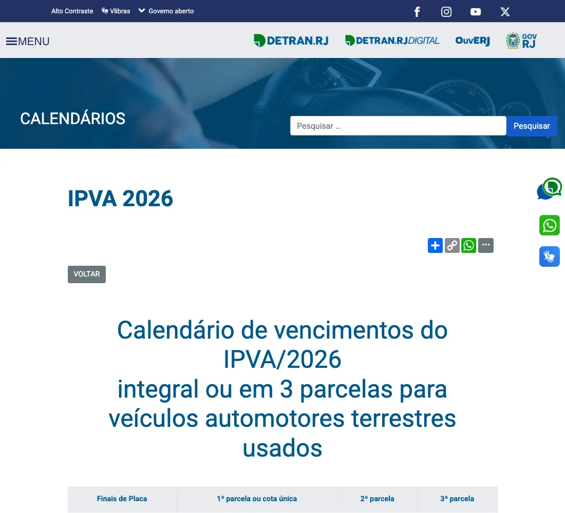Calendário oficial do IPVA 2026 no site do Detran RJ