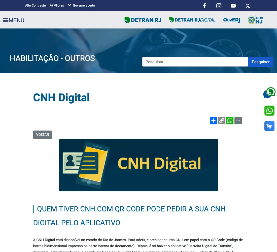 Página oficial da CNH Digital no site do Detran RJ